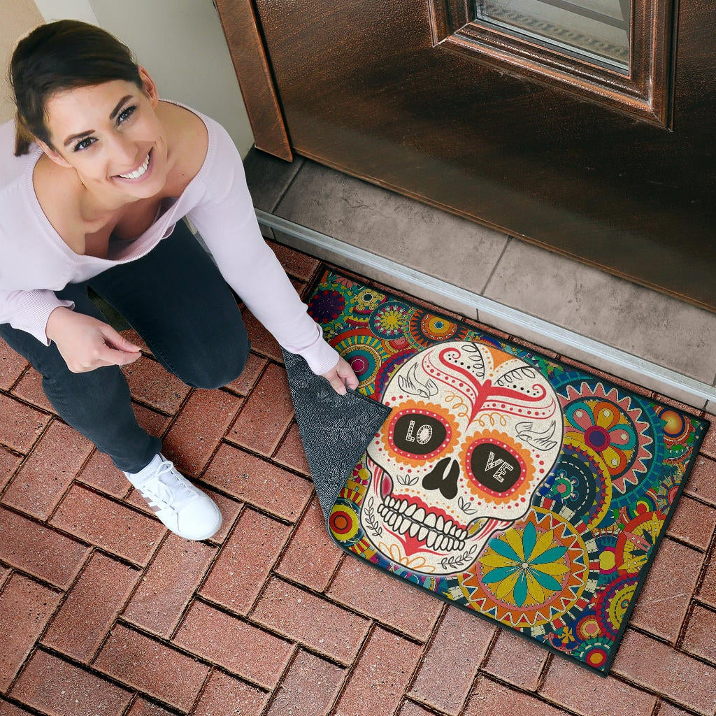 Valentine Door Mat - Mandala Skull Tattoo Love Eyes Colorful Door Mat