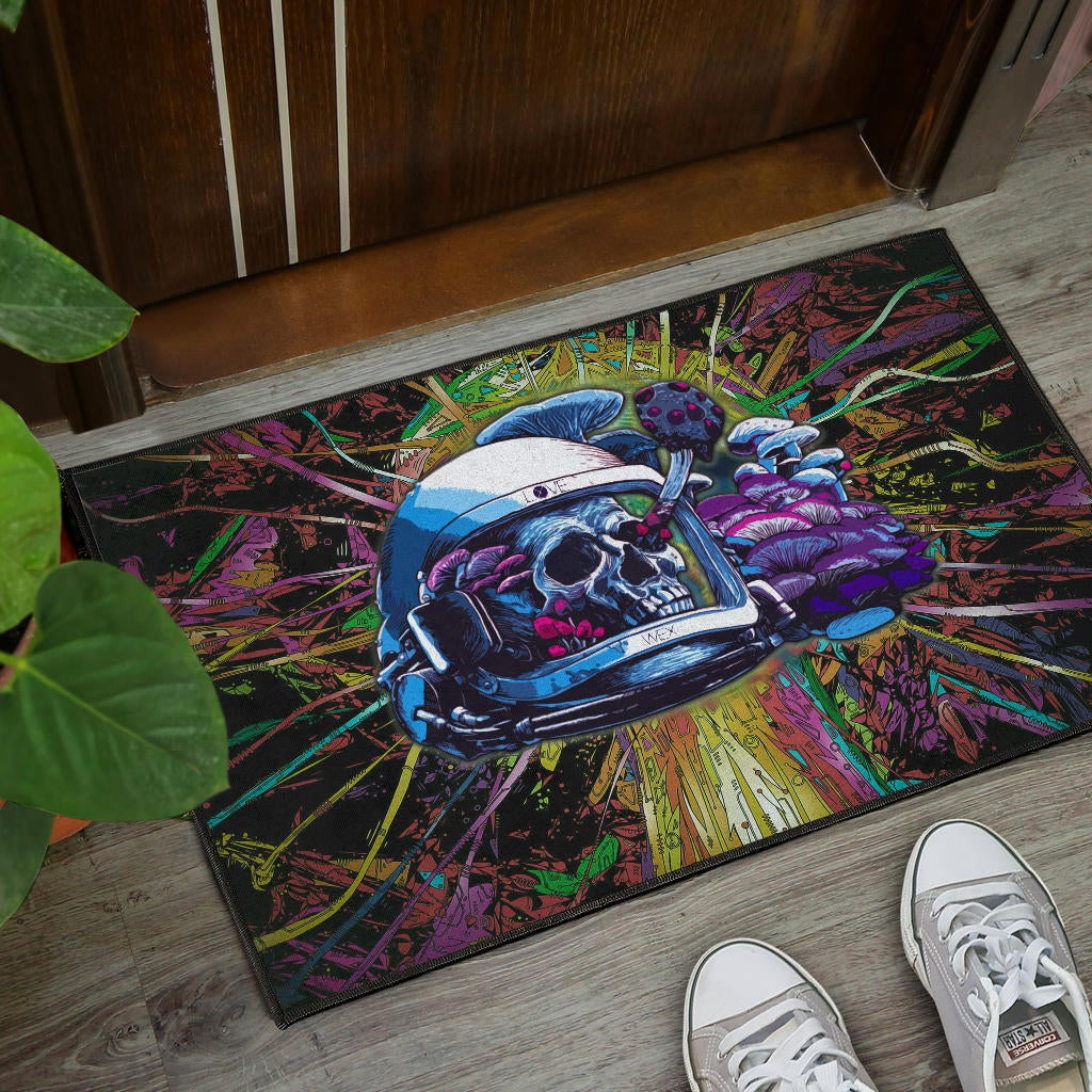 Skull Door Mat - Skull Wearing Helmet Moto Racing Door Mat