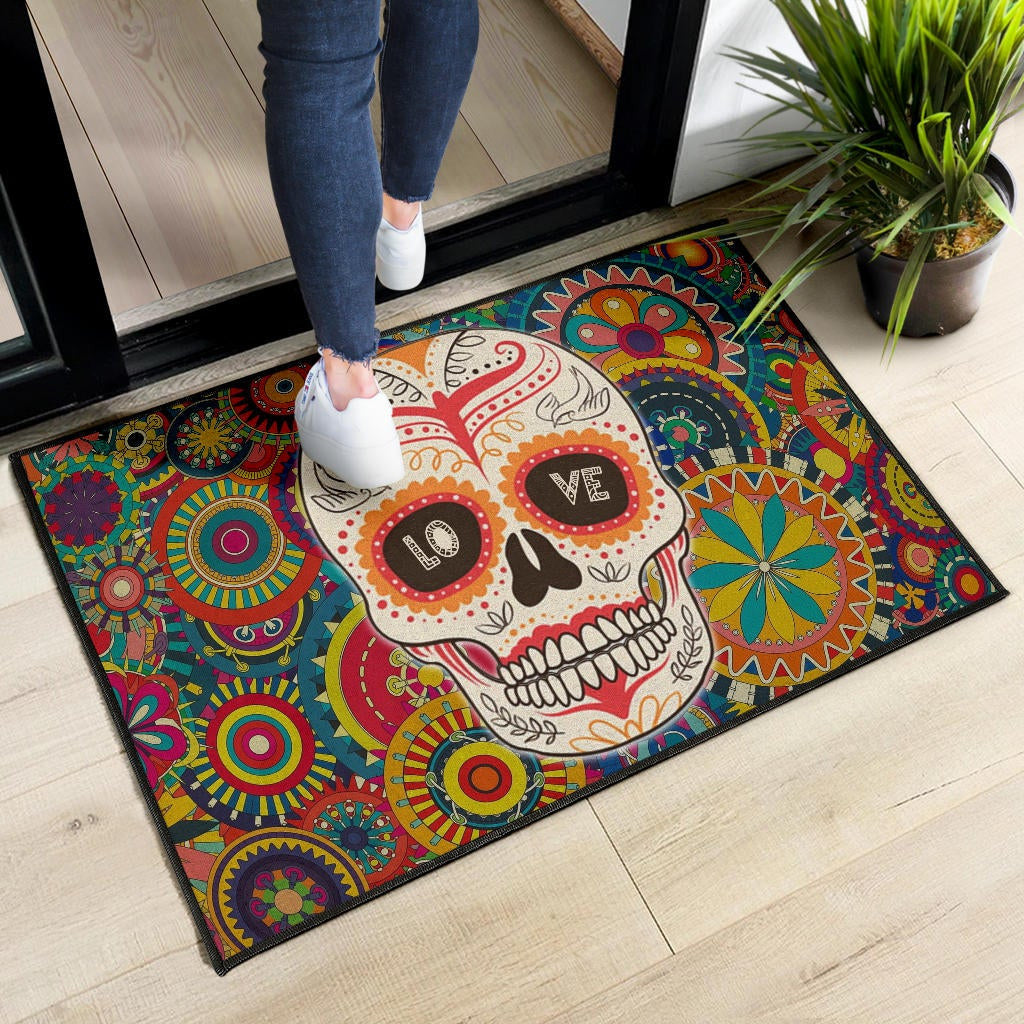 Valentine Door Mat - Mandala Skull Tattoo Love Eyes Colorful Door Mat