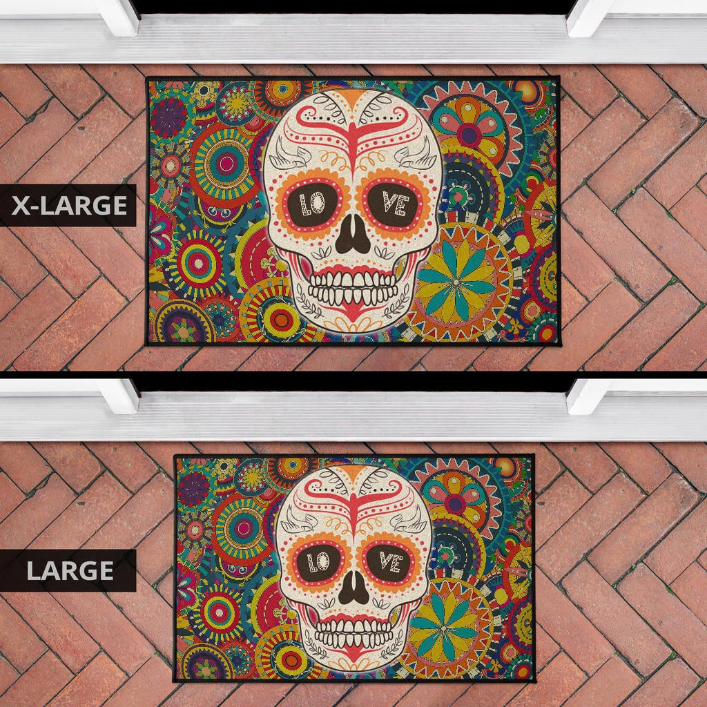 Valentine Door Mat - Mandala Skull Tattoo Love Eyes Colorful Door Mat