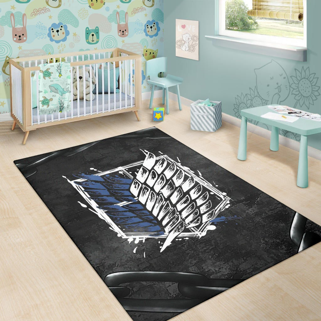 Attack On Titan Anime Area Rug - Wings Of Free Symbol Locked In Black Chains Rugs Home Decor