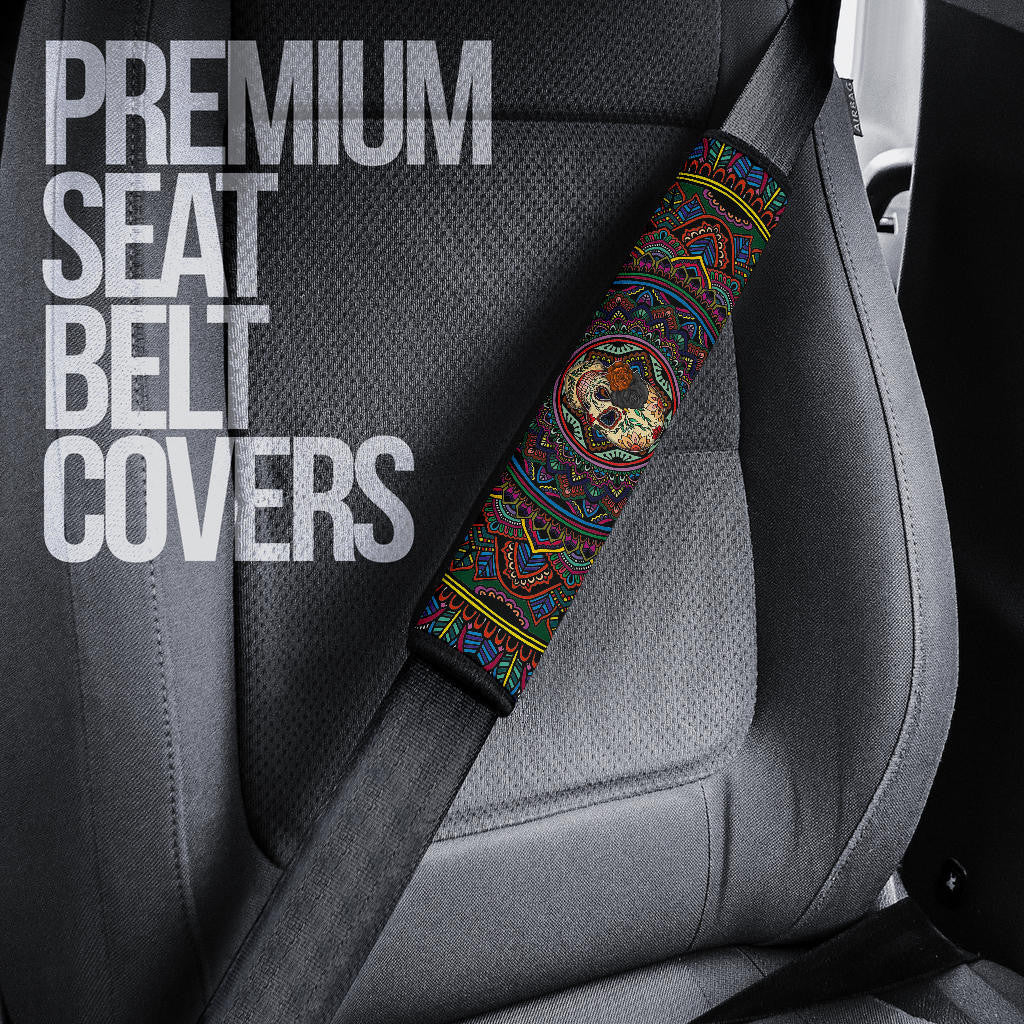 Valentine Seat Belt Covers - Colored Mandala Skull Background Roses From Eye Belt Covers
