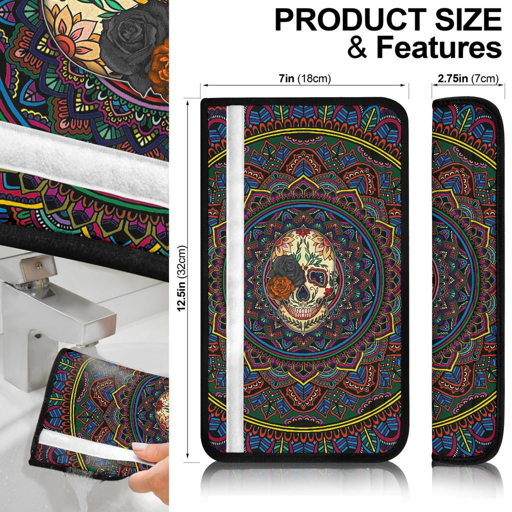 Valentine Seat Belt Covers - Colored Mandala Skull Background Roses From Eye Belt Covers