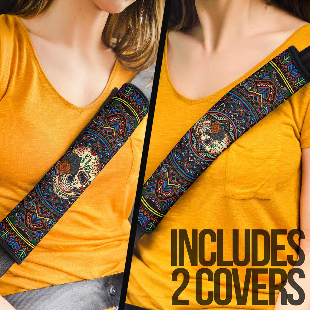 Valentine Seat Belt Covers - Colored Mandala Skull Background Roses From Eye Belt Covers