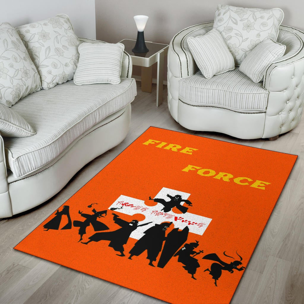 Fire Force Anime Area Rug Characters Silhouette Fighting Orange Yellow Text Rugs Home Decor