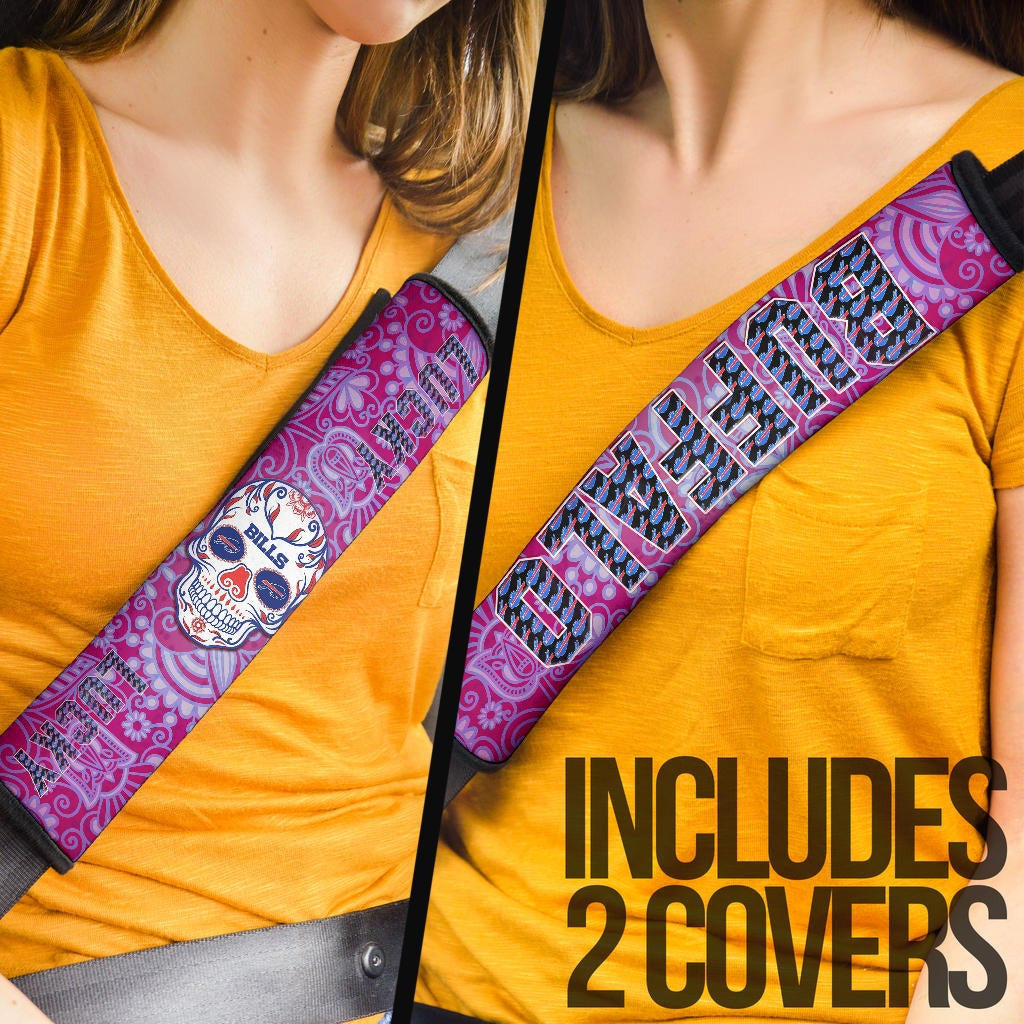 Buffalo Bills American Football Team Seat Belt Covers Lucky Buffalo With Tattooed Skull Floral Belt Covers