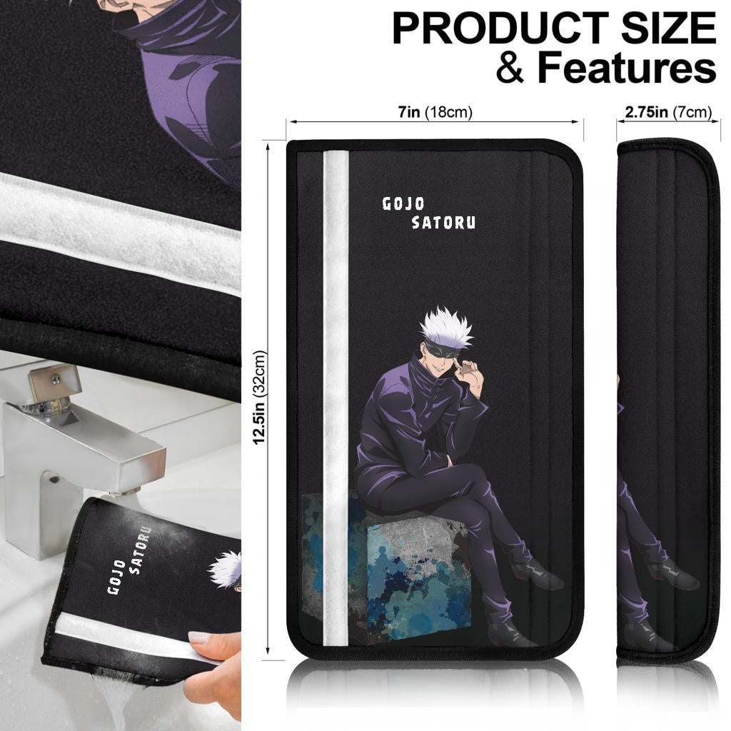 Jujutsu Kaisen Anime Seat Belt Covers - Satoru Gojo Wearing Eye Mask Sitting On Rubik Prison Realm Belt Covers