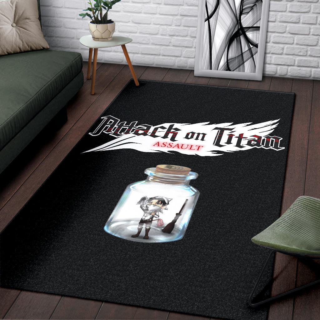 Attack On Titan Anime Area Rug - Funny Chibi Cleaning Levi In Jar Bottle Trap Rugs Home Decor