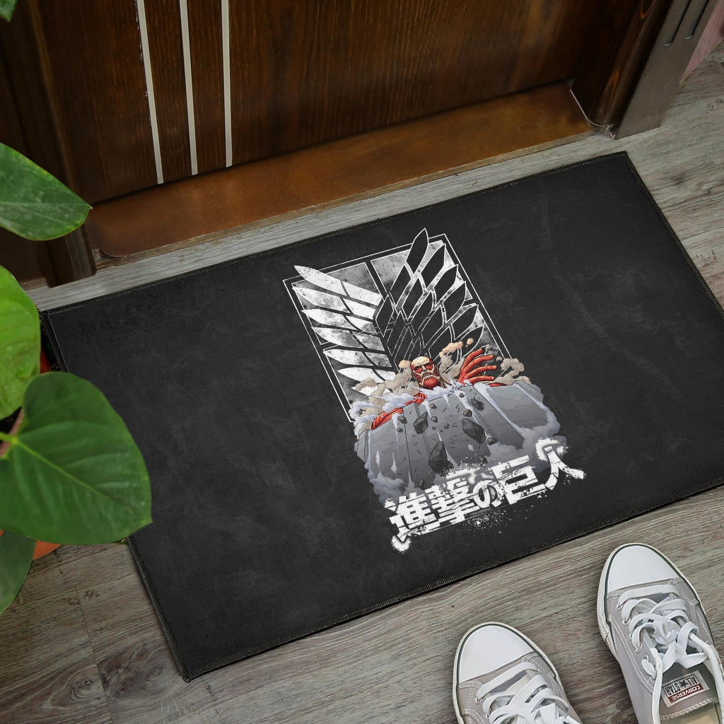 Attack On Titan Anime Door Mat - Colossal Titan Wrecking Wall Wings Of Freedom Symbol Door Mat Home Decor