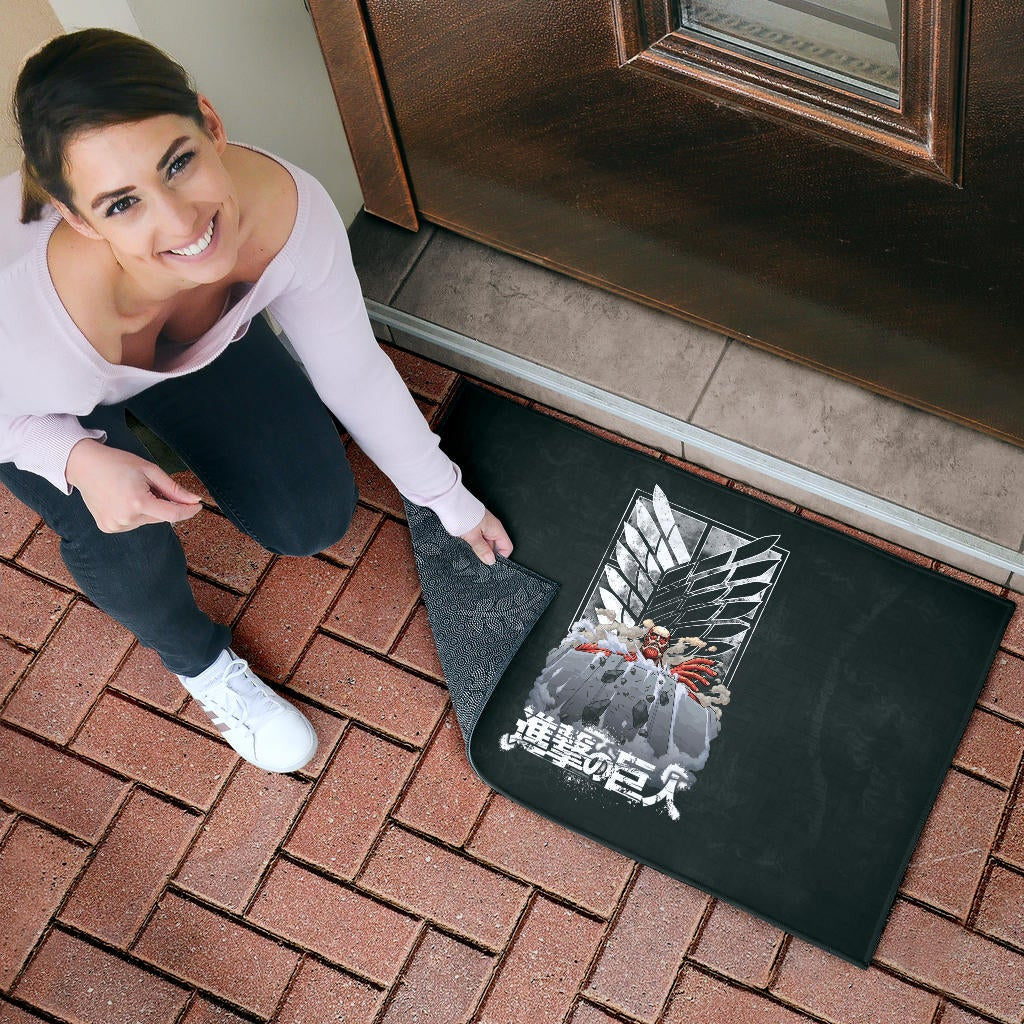 Attack On Titan Anime Door Mat - Colossal Titan Wrecking Wall Wings Of Freedom Symbol Door Mat Home Decor