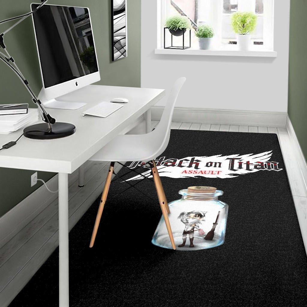 Attack On Titan Anime Area Rug - Funny Chibi Cleaning Levi In Jar Bottle Trap Rugs Home Decor