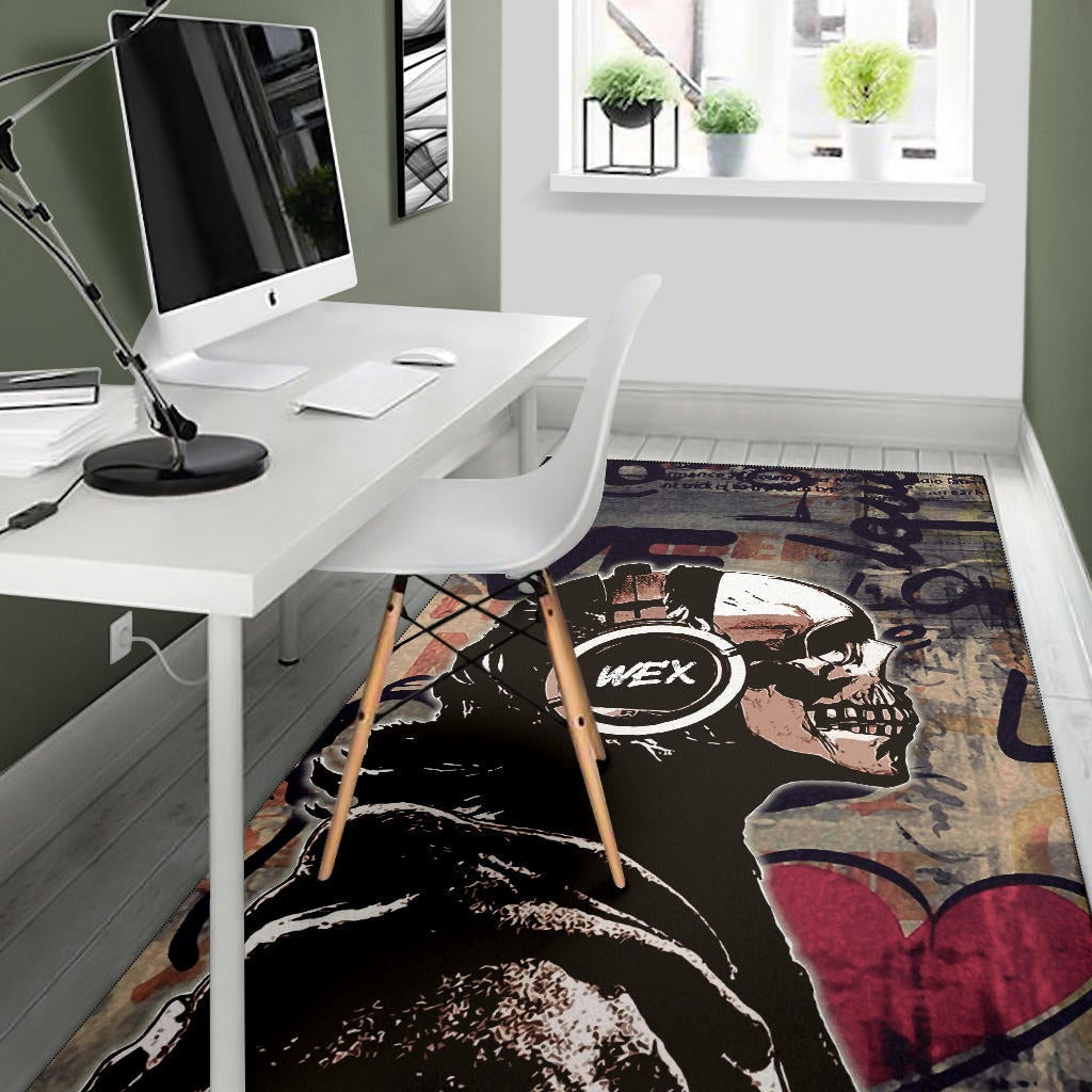 Love Area Rug - Introvert Skeleton Wearing Headphone Love Patterns Rugs Home Decor