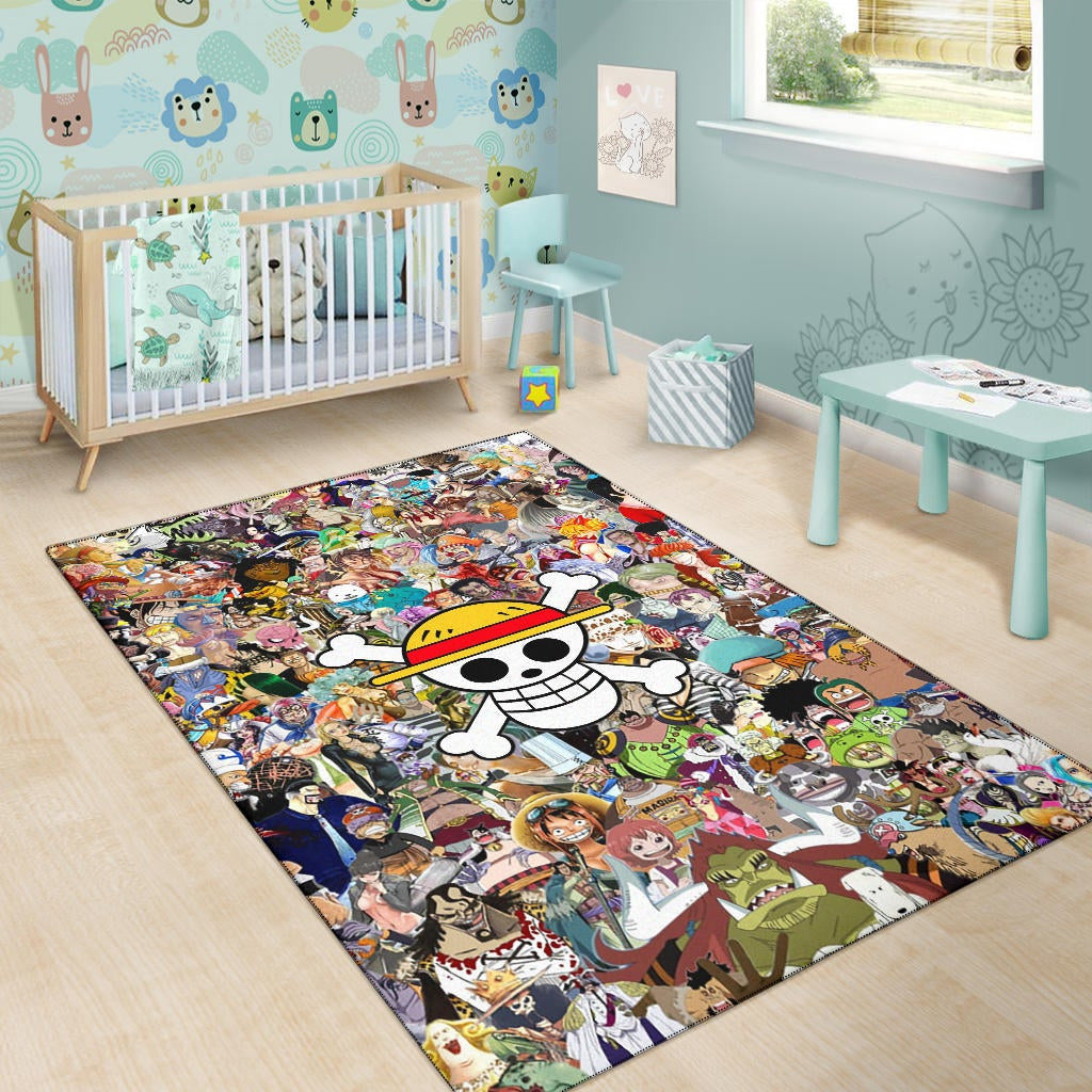 One Piece Anime Area Rug - Full Characters Background Big Skull Pirate Symbol Rugs Home Decor