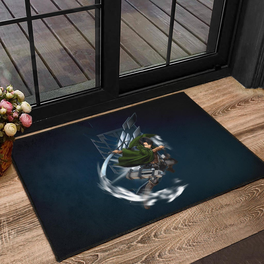 Attack On Titan Anime Door Mat - Levi Fighting Wind Blade Metal Wings Of Freedom Door Mat Home Decor