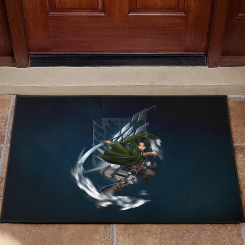Attack On Titan Anime Door Mat - Levi Fighting Wind Blade Metal Wings Of Freedom Door Mat Home Decor