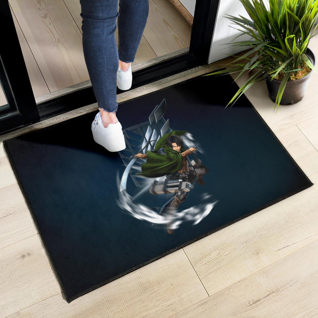 Attack On Titan Anime Door Mat - Levi Fighting Wind Blade Metal Wings Of Freedom Door Mat Home Decor