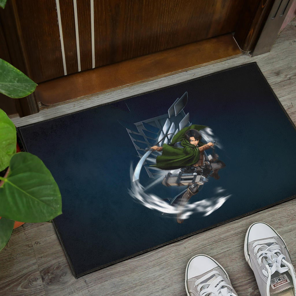 Attack On Titan Anime Door Mat - Levi Fighting Wind Blade Metal Wings Of Freedom Door Mat Home Decor