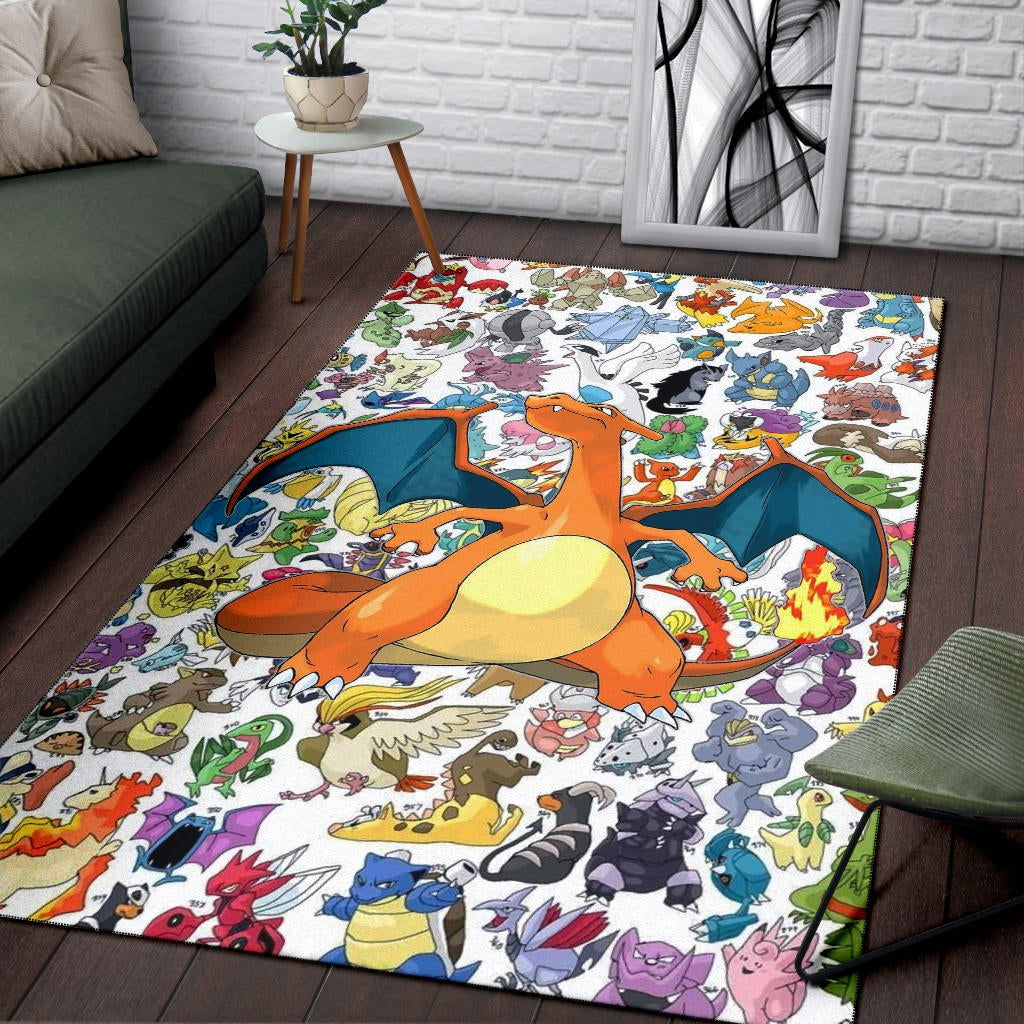 Pokemon Anime Area Rug - Charizard Flame Dragon Tiny Pokemon Patterns Background Rugs Home Decor