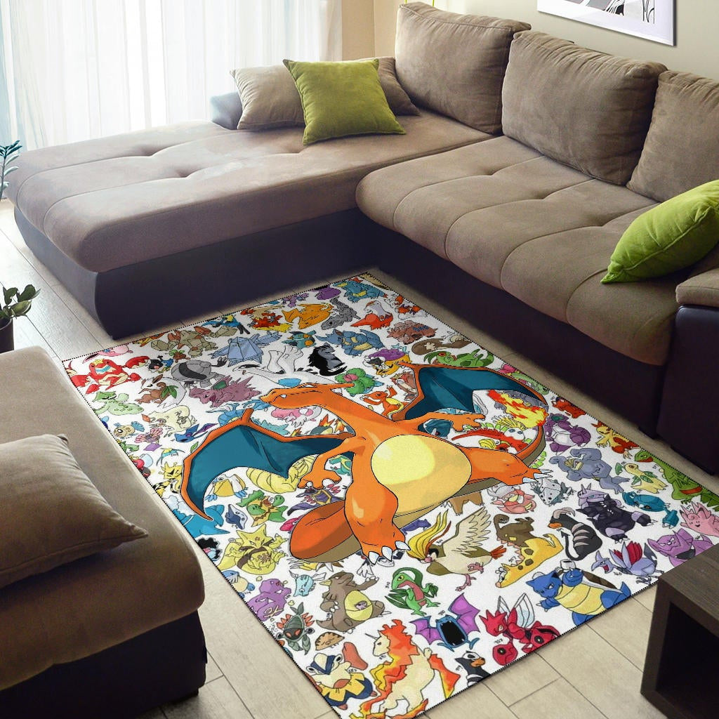 Pokemon Anime Area Rug - Charizard Flame Dragon Tiny Pokemon Patterns Background Rugs Home Decor