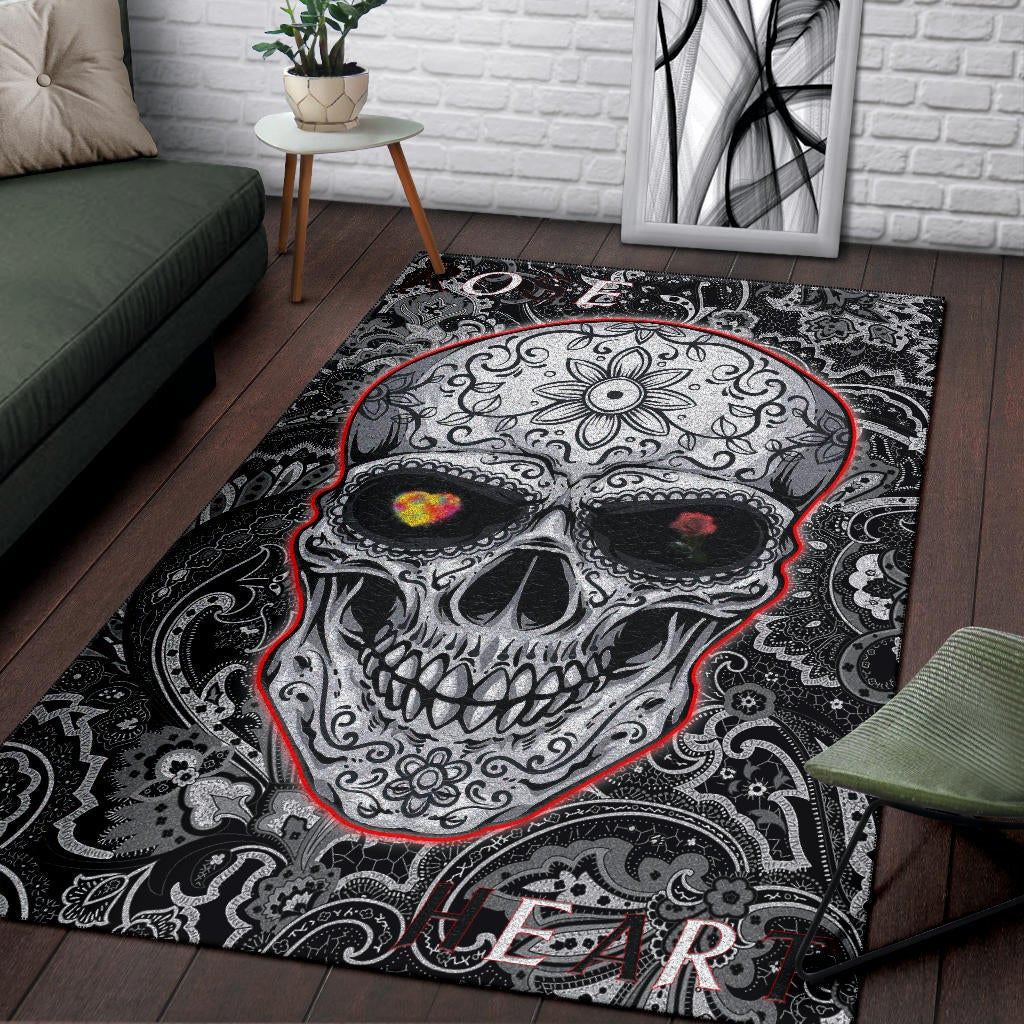 Valentine Area Rug - Tattooed Skull Rose Heart In Eyes Black White Pattern Rugs Home Decor