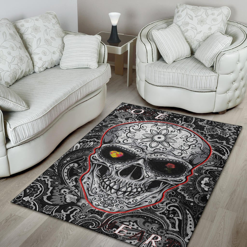Valentine Area Rug - Tattooed Skull Rose Heart In Eyes Black White Pattern Rugs Home Decor