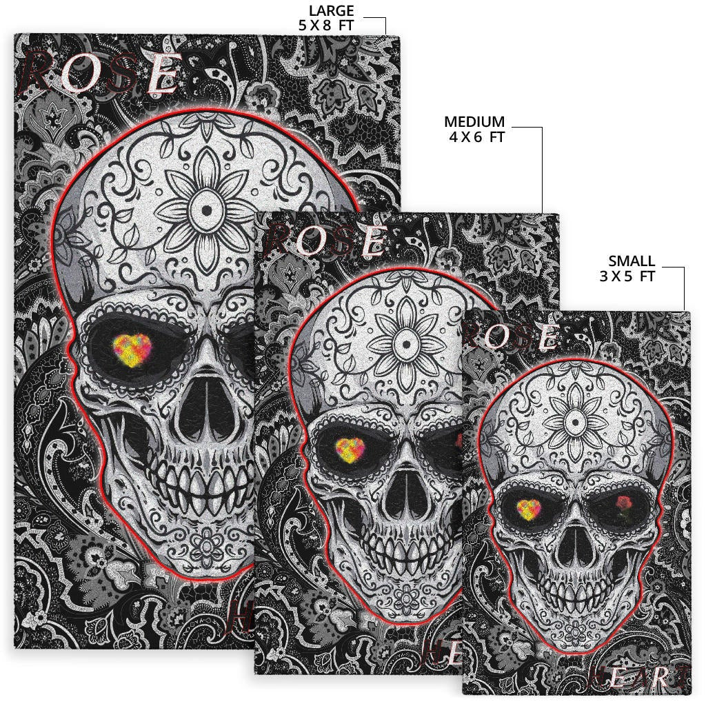 Valentine Area Rug - Tattooed Skull Rose Heart In Eyes Black White Pattern Rugs Home Decor