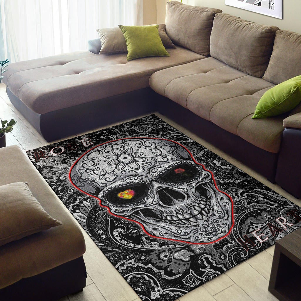 Valentine Area Rug - Tattooed Skull Rose Heart In Eyes Black White Pattern Rugs Home Decor