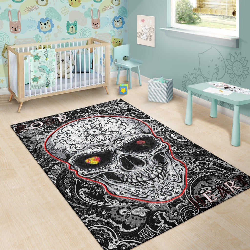 Valentine Area Rug - Tattooed Skull Rose Heart In Eyes Black White Pattern Rugs Home Decor