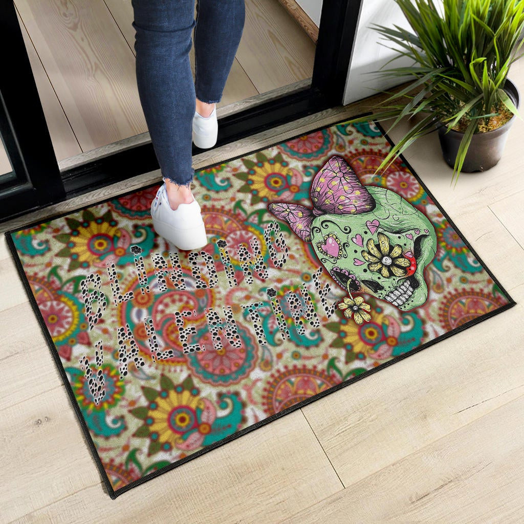 Valentine Door Mat - Drawing Floral Skull Blinding Valentine Door Mat Home Decor