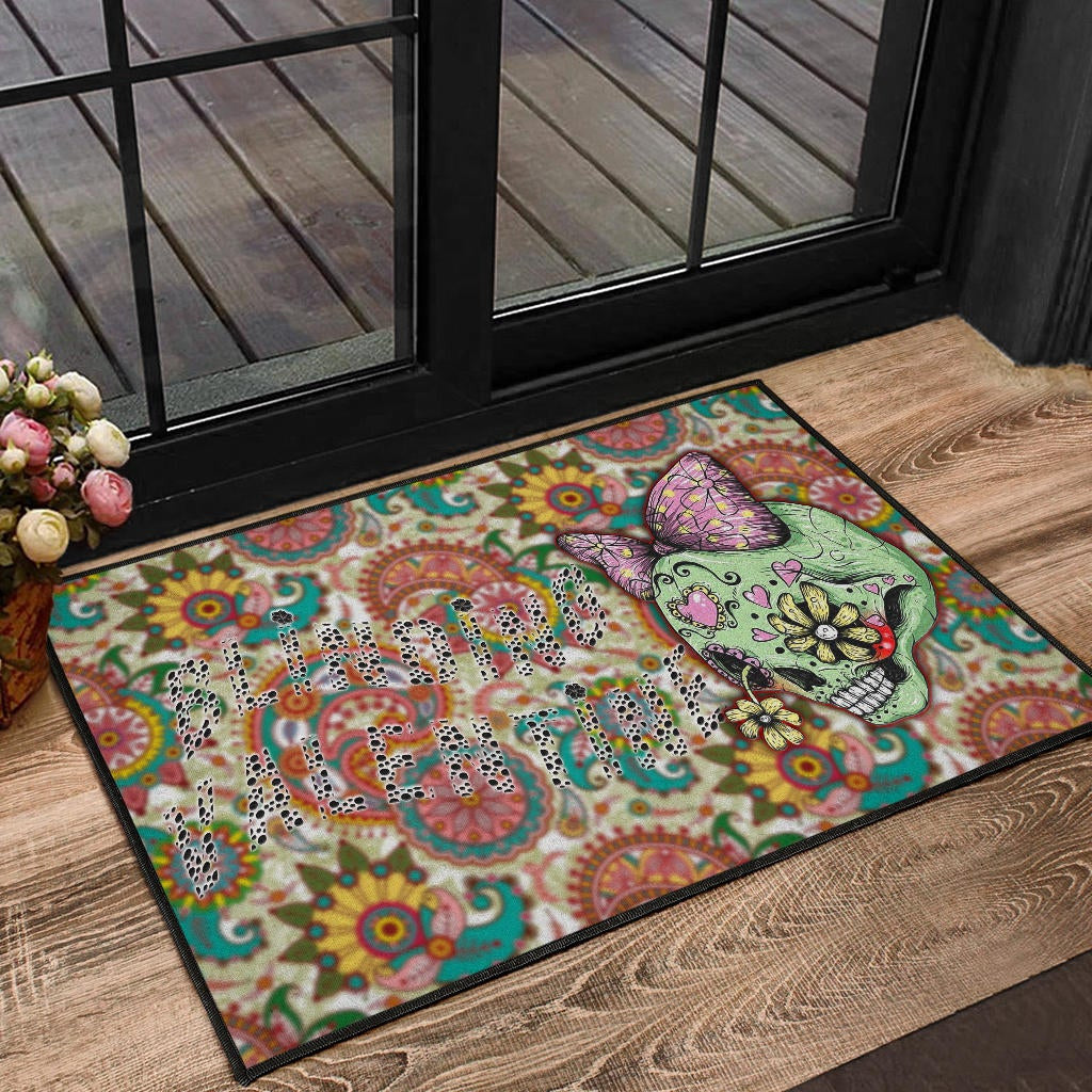 Valentine Door Mat - Drawing Floral Skull Blinding Valentine Door Mat Home Decor