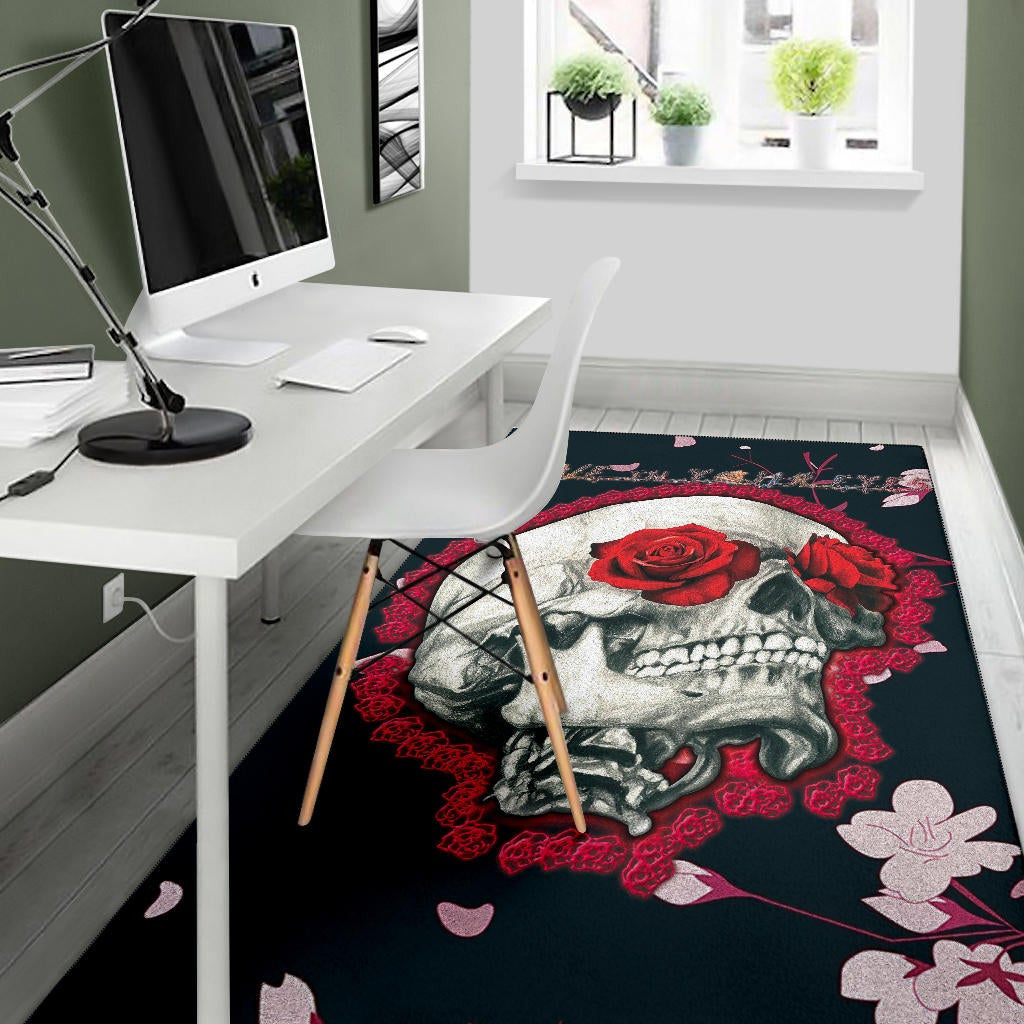 Valentine Area Rug - Skull With Red Roses Love In Your Eyes Rugs Home Decor