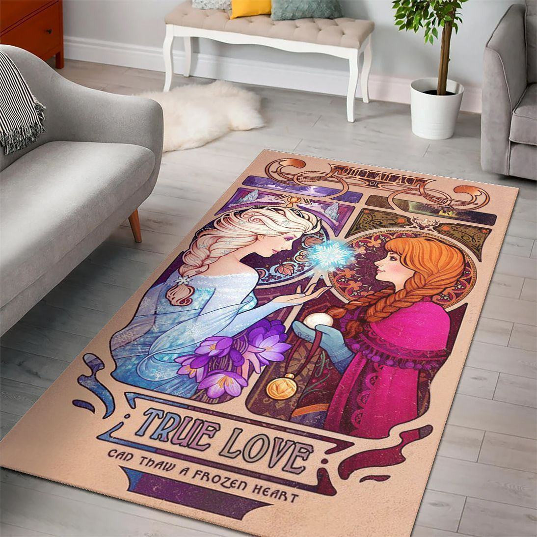 Disney Movies Rectangle Rug | Elsa and Anna Frozen Characters Living Room Cartoon Floor Carpet