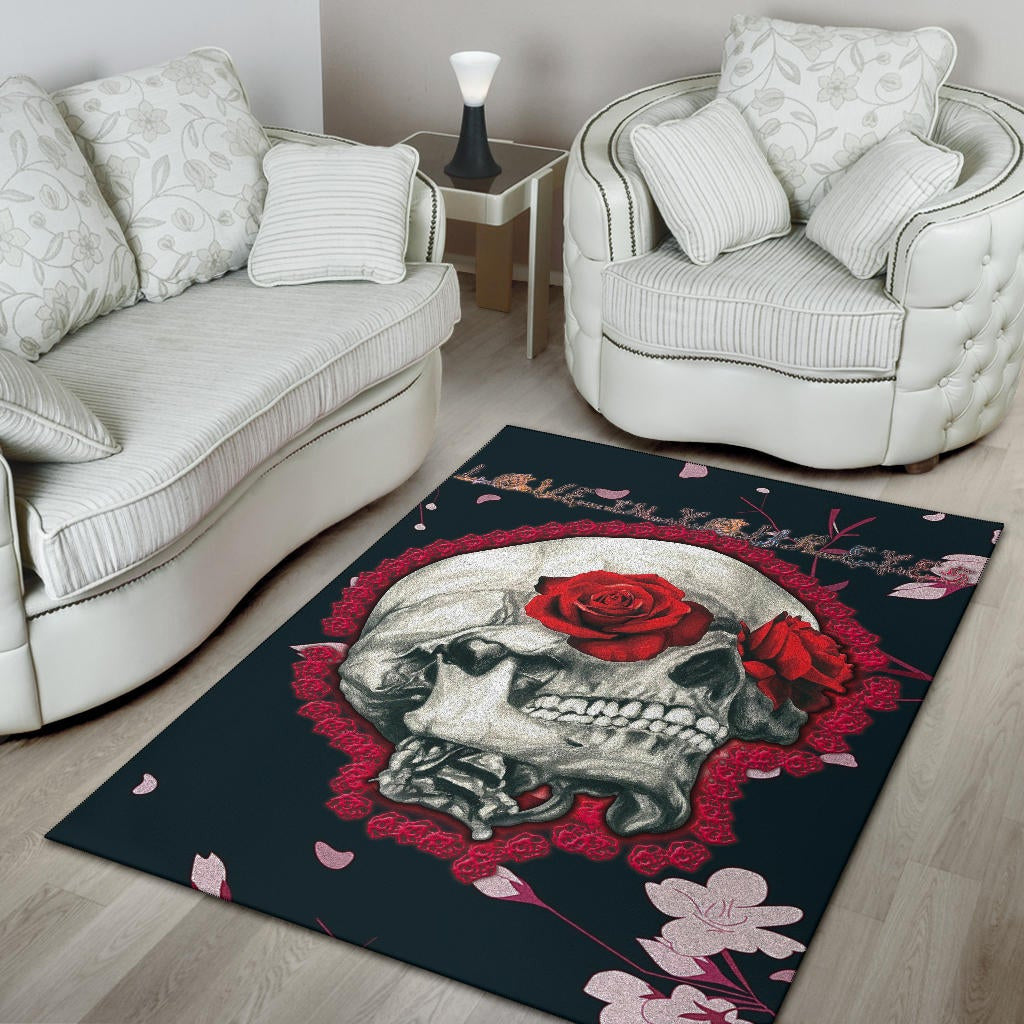 Valentine Area Rug - Skull With Red Roses Love In Your Eyes Rugs Home Decor