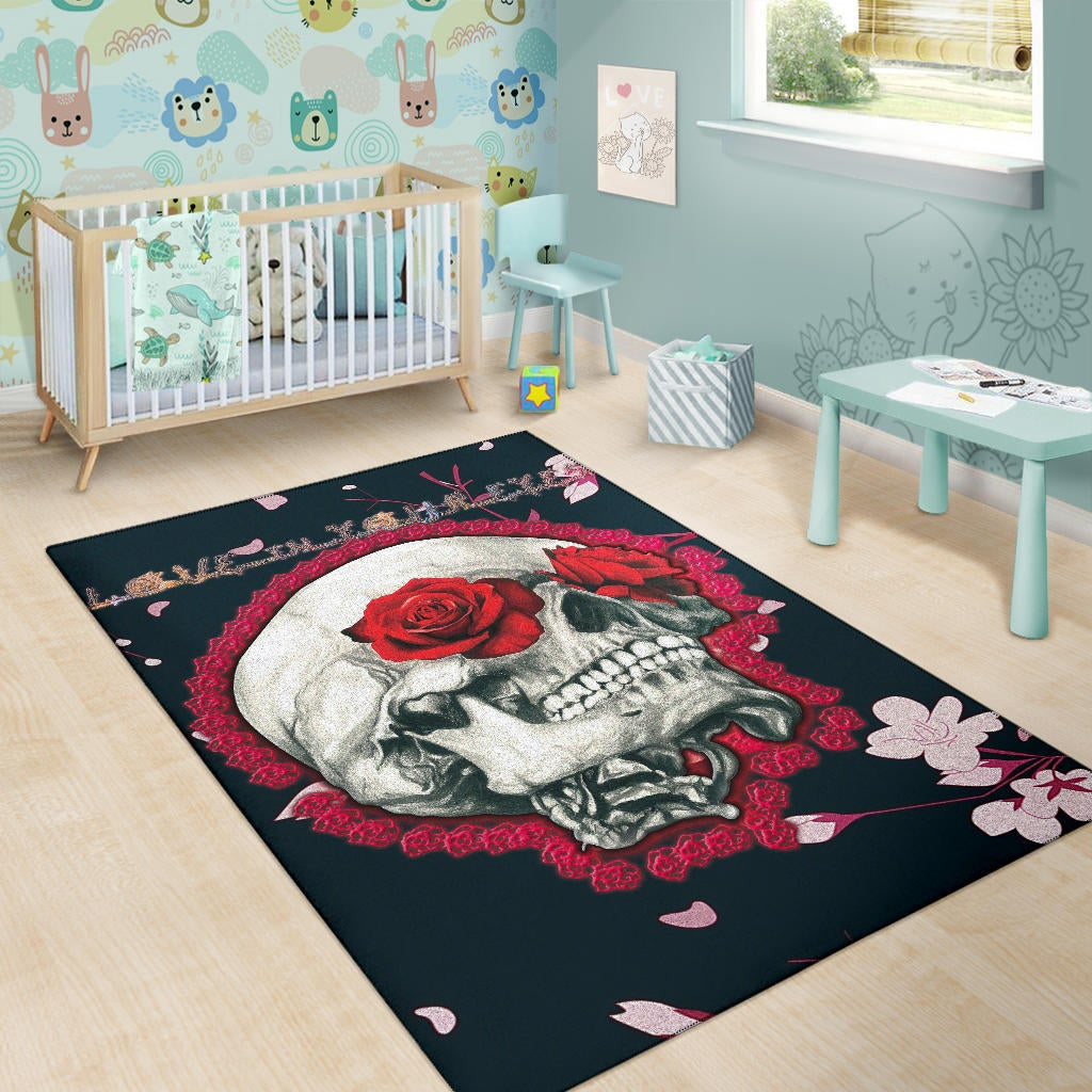 Valentine Area Rug - Skull With Red Roses Love In Your Eyes Rugs Home Decor