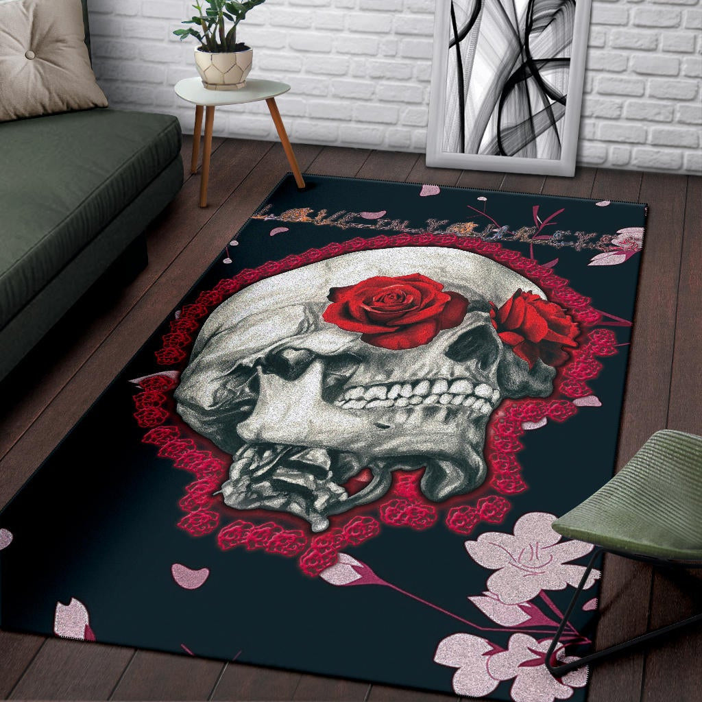 Valentine Area Rug - Skull With Red Roses Love In Your Eyes Rugs Home Decor