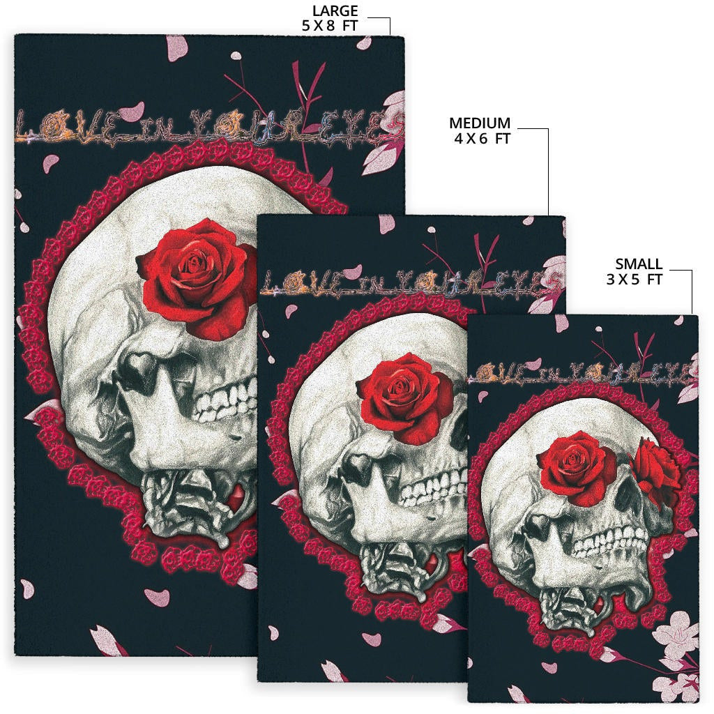 Valentine Area Rug - Skull With Red Roses Love In Your Eyes Rugs Home Decor
