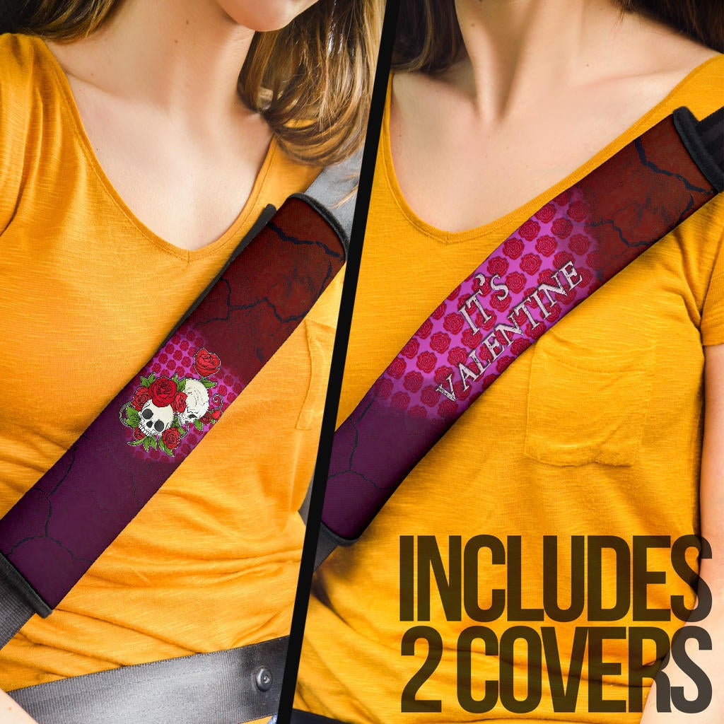 Valentine Seat Belt Covers - Skulls With Roses Flower Heart It's Valentine Belt Covers