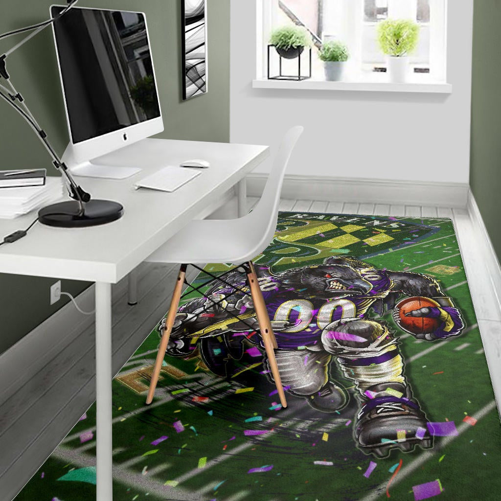 Baltimore Ravens American Football Team Area Rug Angry Muscle Raven Holding Rugby Ball Running On Field Rugs Home Decor
