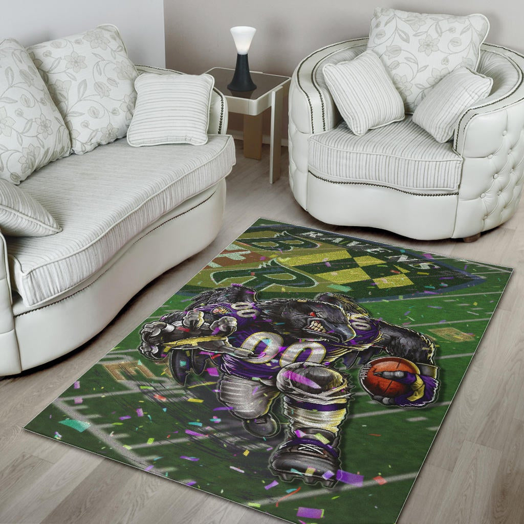 Baltimore Ravens American Football Team Area Rug Angry Muscle Raven Holding Rugby Ball Running On Field Rugs Home Decor