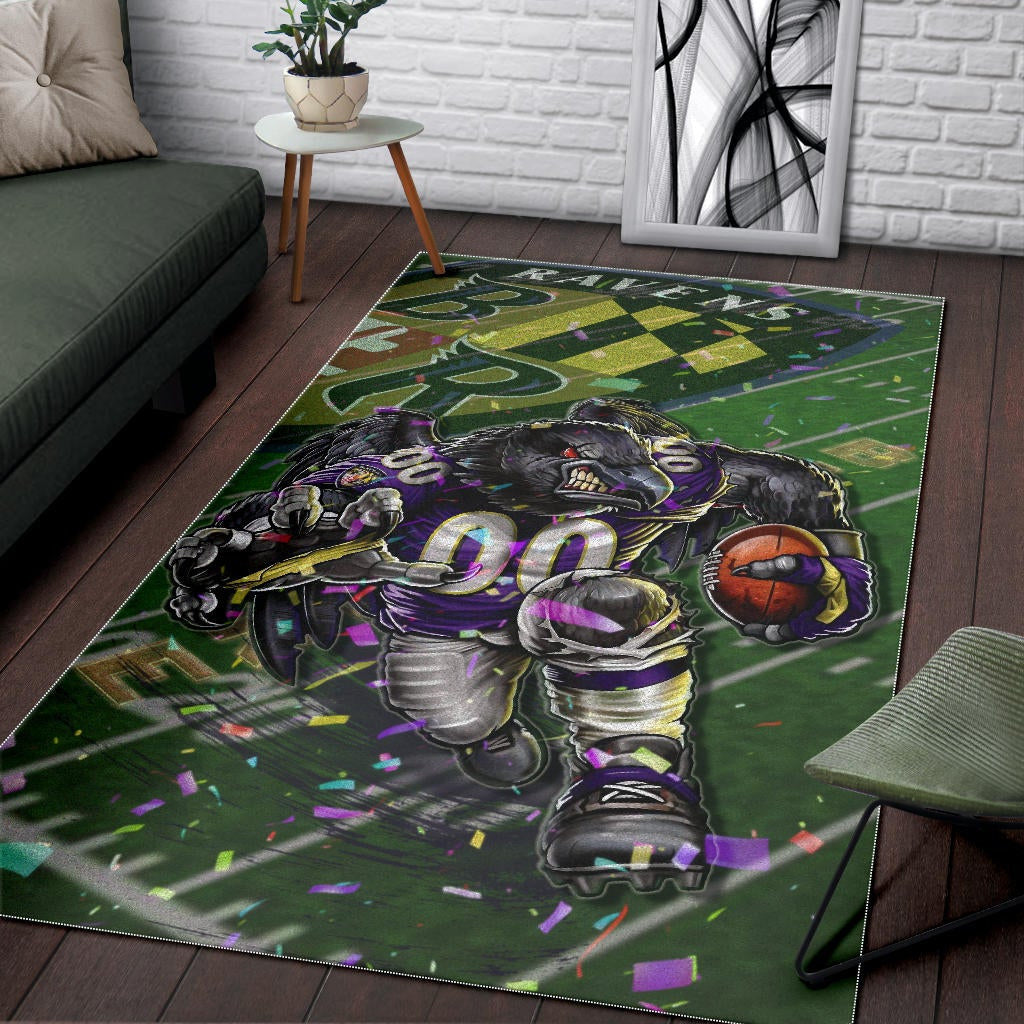 Baltimore Ravens American Football Team Area Rug Angry Muscle Raven Holding Rugby Ball Running On Field Rugs Home Decor