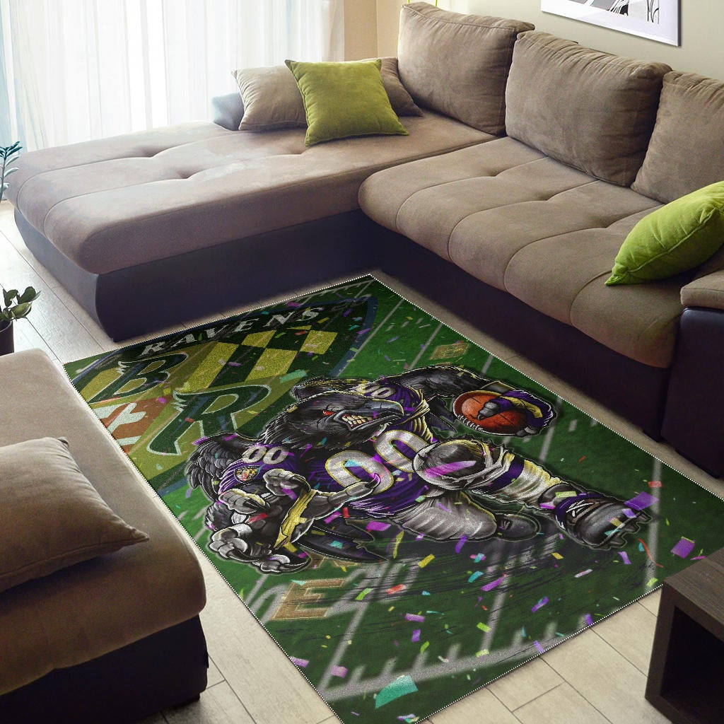 Baltimore Ravens American Football Team Area Rug Angry Muscle Raven Holding Rugby Ball Running On Field Rugs Home Decor