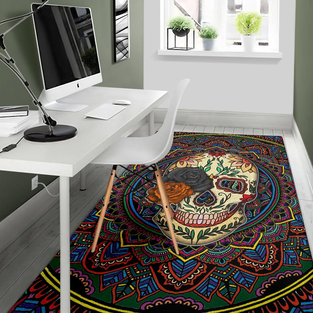 Valentine Area Rug - Colored Mandala Skull Background Roses From Eye Rugs Home Decor