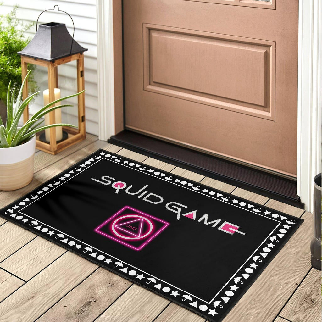 Squid Game Movie Door Mat Neon Squid Symbols Round Square Triangle Umbrella Patterns Door Mat Home Decor