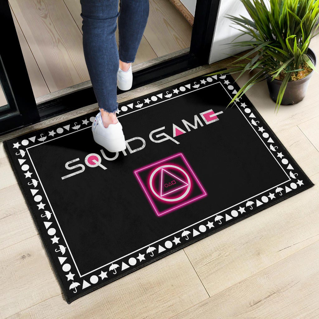 Squid Game Movie Door Mat Neon Squid Symbols Round Square Triangle Umbrella Patterns Door Mat Home Decor