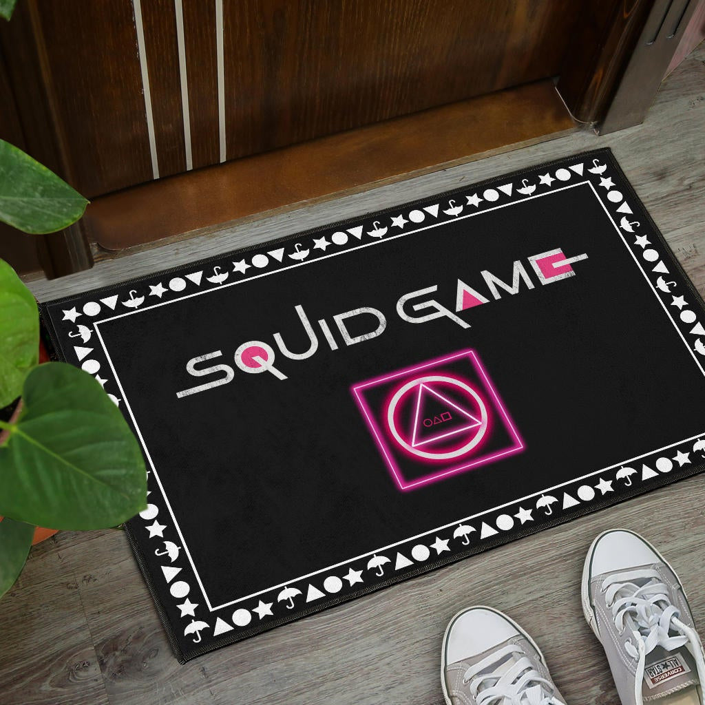 Squid Game Movie Door Mat Neon Squid Symbols Round Square Triangle Umbrella Patterns Door Mat Home Decor