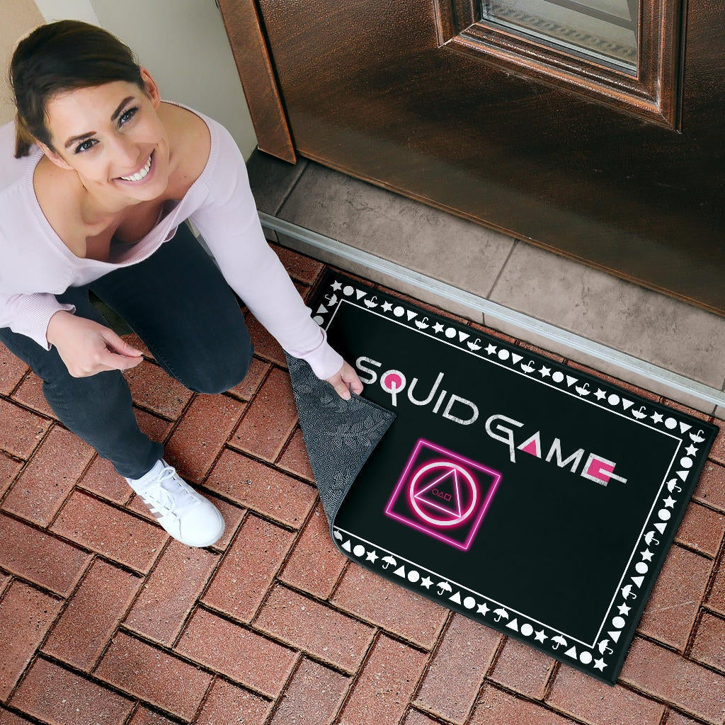Squid Game Movie Door Mat Neon Squid Symbols Round Square Triangle Umbrella Patterns Door Mat Home Decor