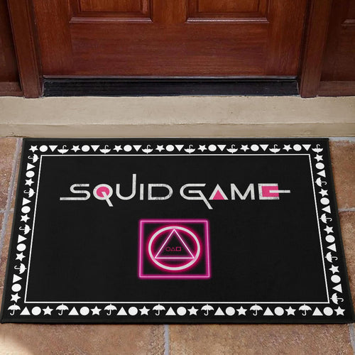 Squid Game Movie Door Mat Neon Squid Symbols Round Square Triangle Umbrella Patterns Door Mat Home Decor