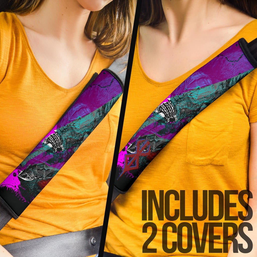 Berserk Anime Seat Belt Covers - Guts Armor Sitting On Cliff Sacrifice Symbol Purple Night Belt Covers