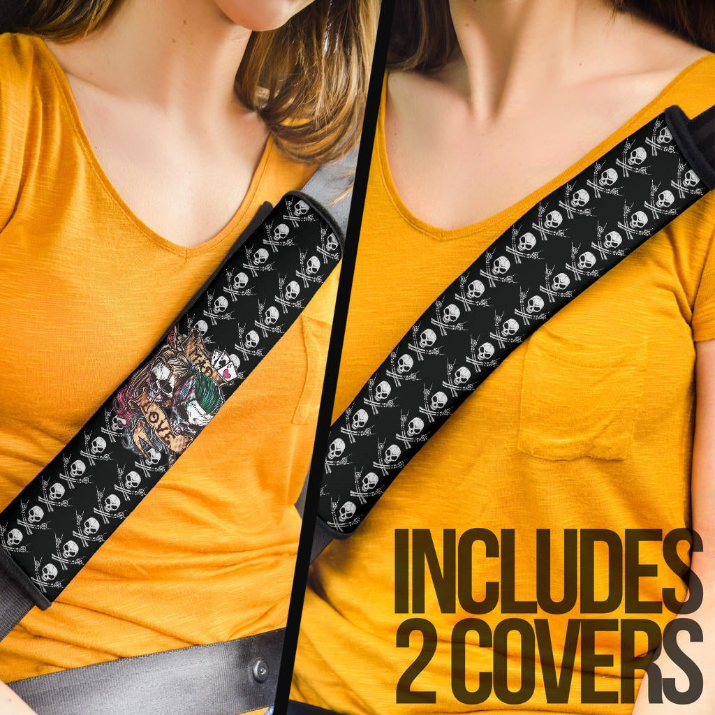 Valentine Seat Belt Covers - Mad Love Harley Quinn And Joker Skull Patterns Belt Covers