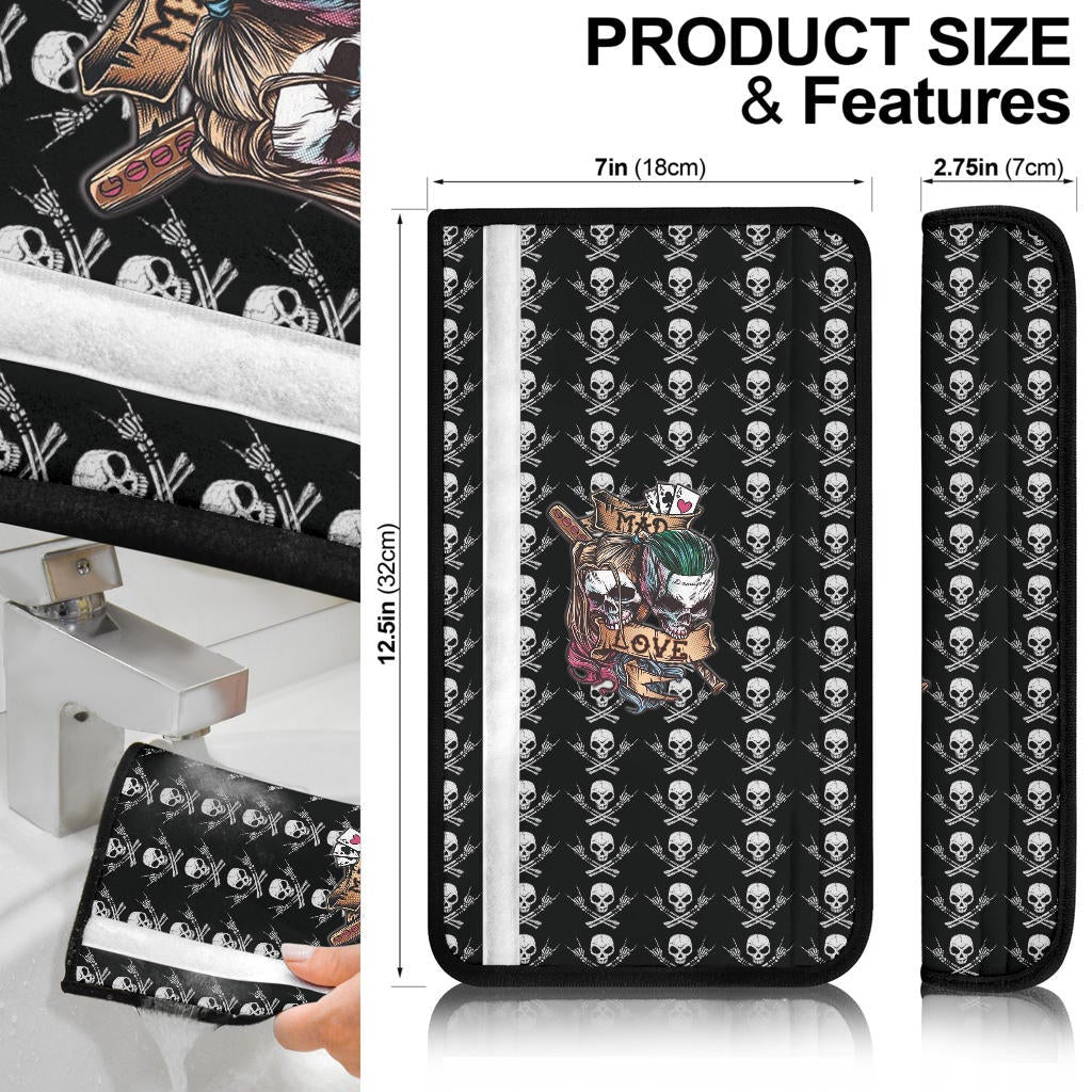 Valentine Seat Belt Covers - Mad Love Harley Quinn And Joker Skull Patterns Belt Covers